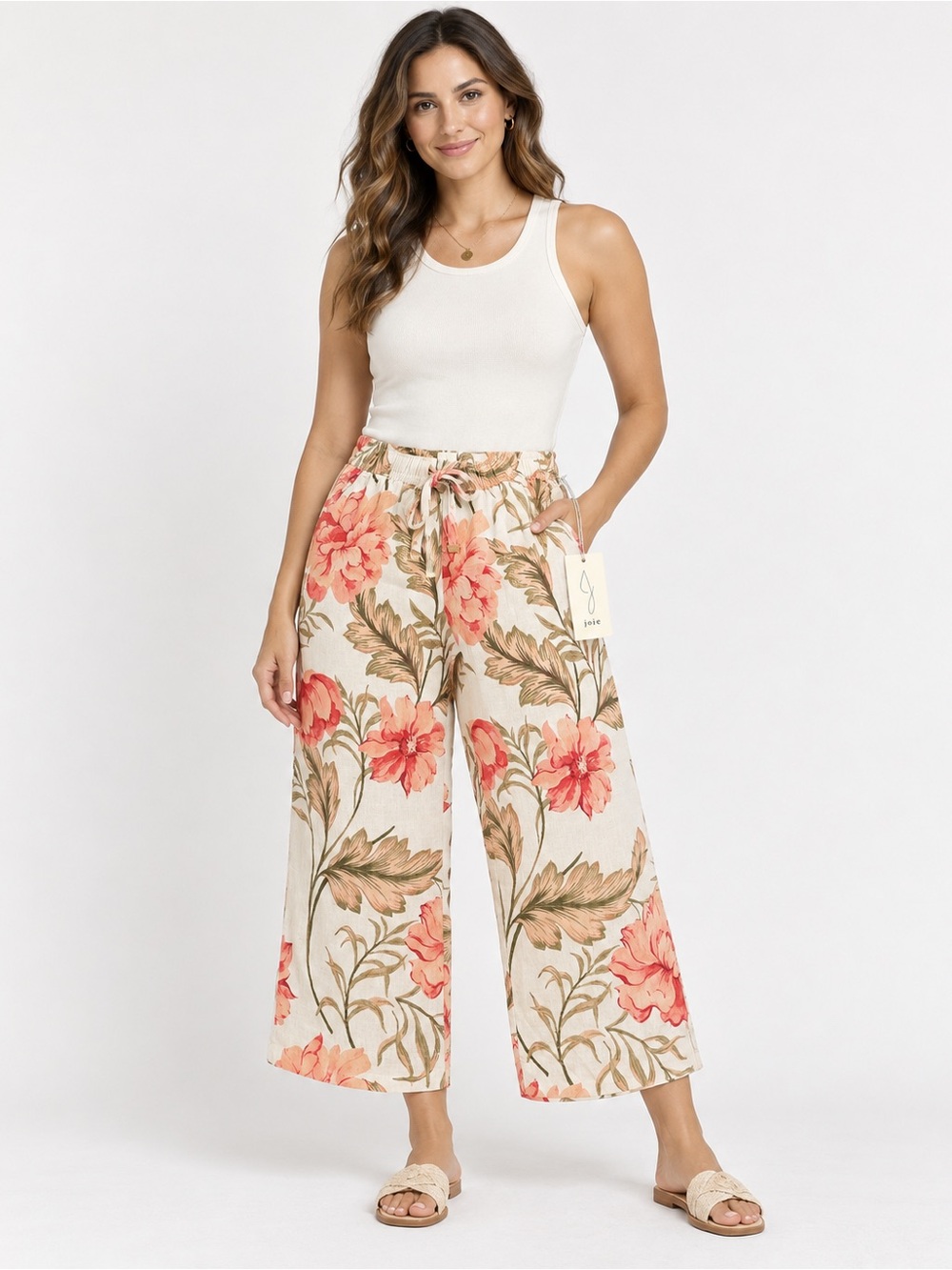 Joie 100% Linen Floral Cropped Wide Leg Pants Size M NWT M